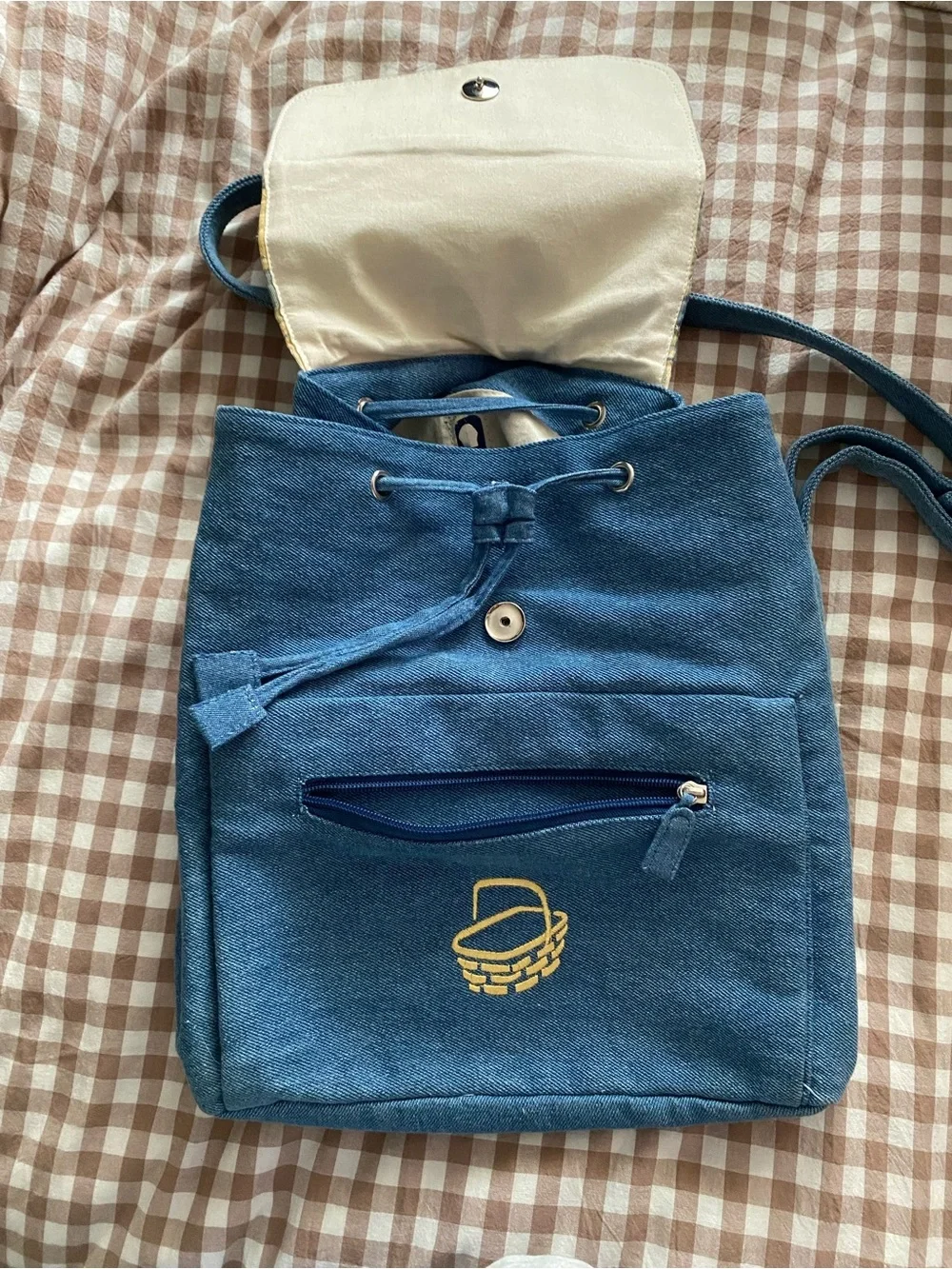 Longaberger Blue Canvas Plaid Flap Backpack with Basket Embroidery